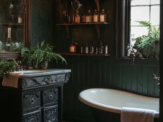Dark green bathroom with white roll-top bath, old vanity, rug and plants