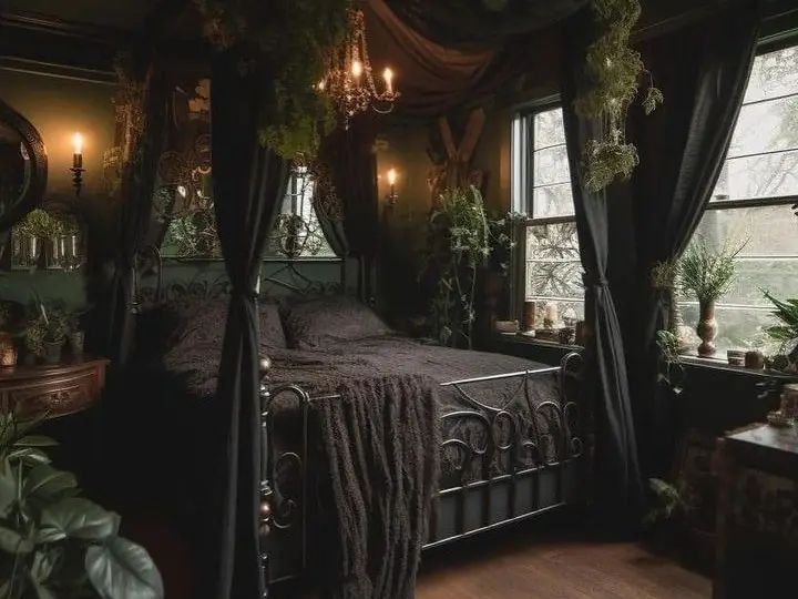 Dark green bedroom with iron canopy bed, plants and warm lamplight