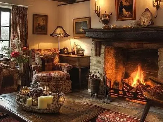 Warm cottage sitting room lit by a fire, shaded lamp and wall lights