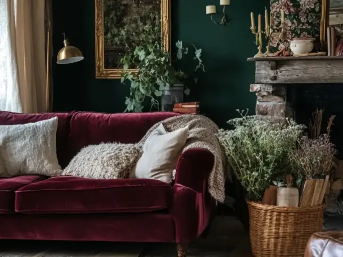 Deep green living room with burgundy velvet sofa, rug and dried plants