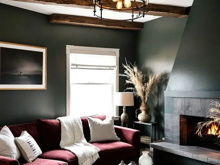 Deep green room with burgundy seating, timber and warm neutral textiles