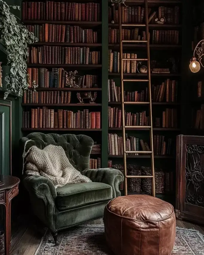 Dark green home library with velvet chair, footstool and tall bookcases
