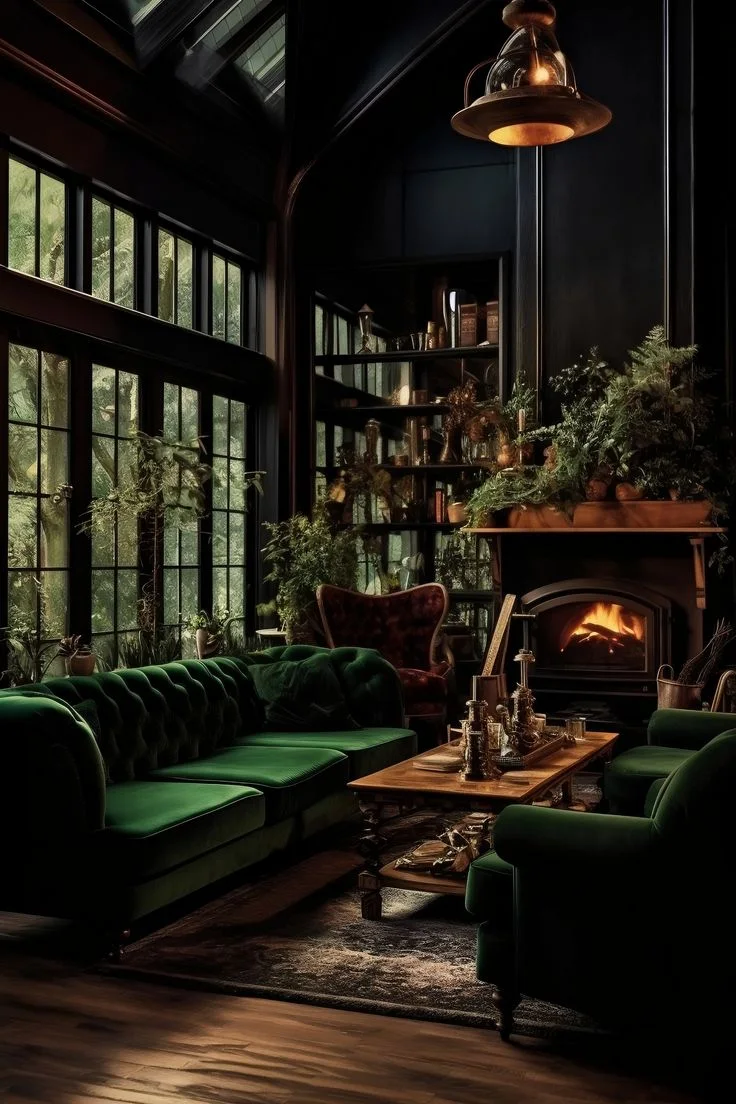 Dark interior with green velvet seating, tall windows, plants and a glowing stove