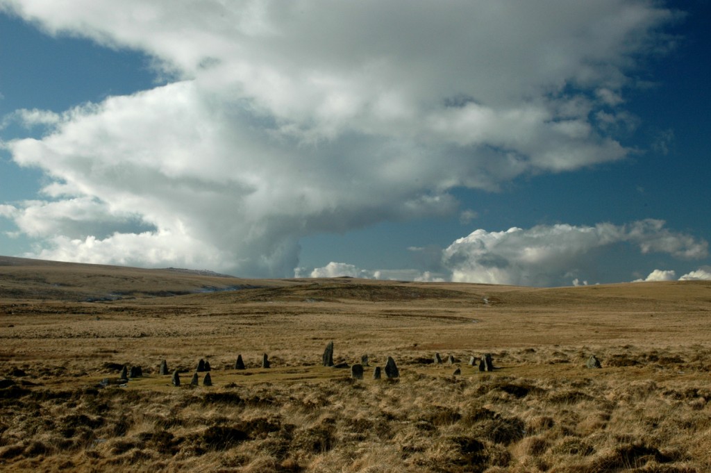 Scorhill stone circle in the open landscape of Dartmoor
