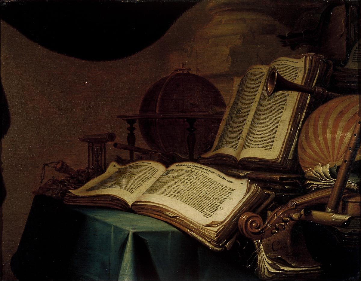 Seventeenth-century still life with books, a globe and musical instruments