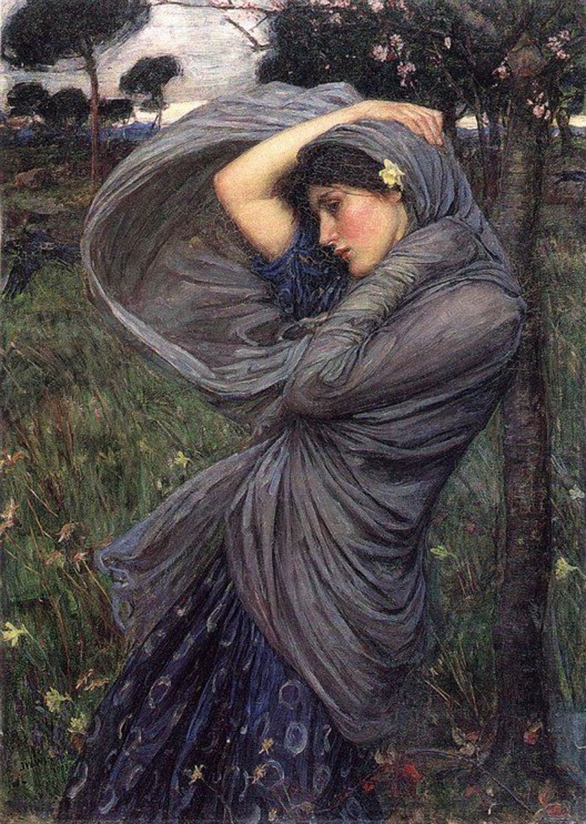 John William Waterhouse's Boreas, showing a windswept figure wrapped in muted flowing cloth in a dark landscape